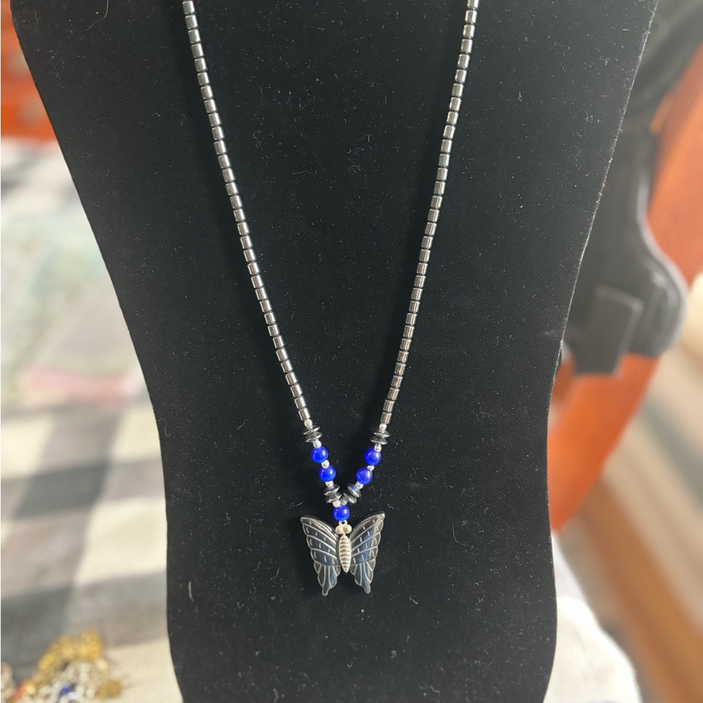 Preloved Hematite Silver and Blue Butterfly Necklace